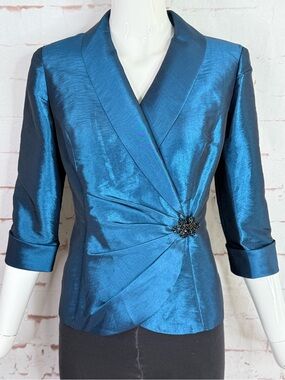 ALEX EVENINGS Petite SP Teal Blue Taffeta 3/4 Sleeve Faux Wrap Cocktail Jacket
